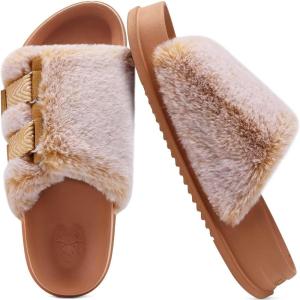 imageKuaiLu Womens Orthotic Sandals Comfortable Arch Support Faux Fur Sandal Slippers Casual Summer Adjustable Cushion Slides Slip On Indoor Outdoor House Shoes  Ultrasoft Comfort Fit FootbedKhaki Tip Dyeing