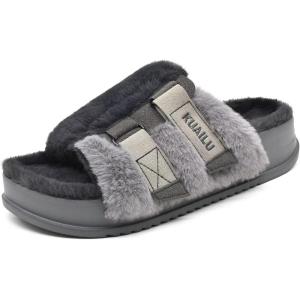 imageKuaiLu Womens Orthotic Slippers With Arch Support Soft Cushion Sandal Slippers for Woman Ladies Fashion Open Toe Faux Fur Platform Slipper Indoor Outdoor Size 612Plush Grey