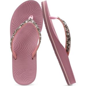 imageKuaiLu Womens Rhinestone Flip Flops with Comfort Arch Support Yoga Mat Cushion Sandals Fashion Summer Beach Travel Orthotic Walking Thong Sandles Slip on Plantar Fasciitis Indoor Outdoor ShoesPink