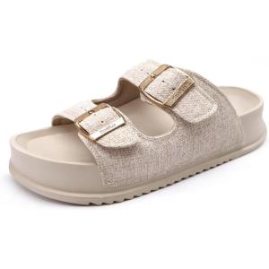 imageKuaiLu Womens Sandals with Arch Support Comfortable Orthopedic Cushion Recovery Slides Summer Fashion Leather Double Buckle Casual Slip On Plantar Fasciitis Shoes for IndoorampampOutdoor US Size 612White