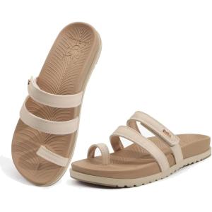 imageKuaiLu Womens Slides Sandals with Plantar Fasciitis Arch Support Fashion Comfort Adjustable Flat Sandals Ladies Lightweight Orthotic Slip on SandalsBeige