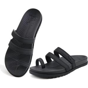 imageKuaiLu Womens Slides Sandals with Plantar Fasciitis Arch Support Fashion Comfort Adjustable Flat Sandals Ladies Lightweight Orthotic Slip on SandalsBlack