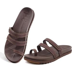 imageKuaiLu Womens Slides Sandals with Plantar Fasciitis Arch Support Fashion Comfort Adjustable Flat Sandals Ladies Lightweight Orthotic Slip on SandalsBrown