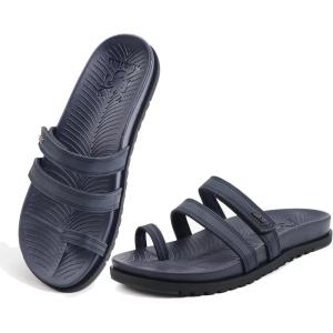 imageKuaiLu Womens Slides Sandals with Plantar Fasciitis Arch Support Fashion Comfort Adjustable Flat Sandals Ladies Lightweight Orthotic Slip on SandalsDarkblue