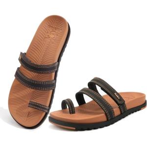 imageKuaiLu Womens Slides Sandals with Plantar Fasciitis Arch Support Fashion Comfort Adjustable Flat Sandals Ladies Lightweight Orthotic Slip on SandalsKhaki Black