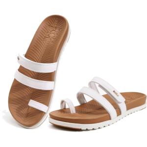 imageKuaiLu Womens Slides Sandals with Plantar Fasciitis Arch Support Fashion Comfort Adjustable Flat Sandals Ladies Lightweight Orthotic Slip on SandalsKhaki White