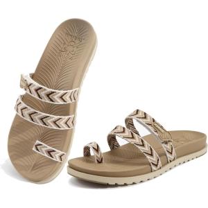 imageKuaiLu Womens Slides Sandals with Plantar Fasciitis Arch Support Fashion Comfort Adjustable Flat Sandals Ladies Lightweight Orthotic Slip on SandalsStylish Beige