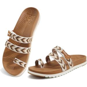 imageKuaiLu Womens Slides Sandals with Plantar Fasciitis Arch Support Fashion Comfort Adjustable Flat Sandals Ladies Lightweight Orthotic Slip on SandalsStylish White Khaki