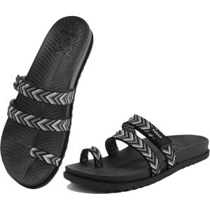 imageKuaiLu Womens Slides Sandals with Plantar Fasciitis Arch Support Fashion Comfort Adjustable Flat Sandals Ladies Lightweight Orthotic Slip on SandalsStylish Black