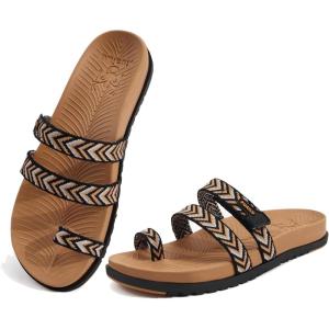 imageKuaiLu Womens Slides Sandals with Plantar Fasciitis Arch Support Fashion Comfort Adjustable Flat Sandals Ladies Lightweight Orthotic Slip on SandalsStylish Khaki Black