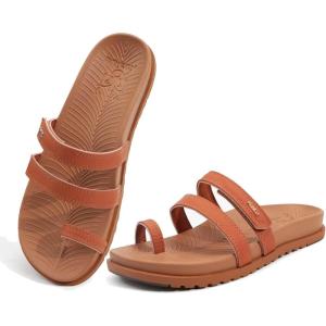 imageKuaiLu Womens Slides Sandals with Plantar Fasciitis Arch Support Fashion Comfort Adjustable Flat Sandals Ladies Lightweight Orthotic Slip on SandalsTan