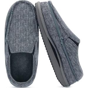 imageKuaiLu Mens Memory Foam Moccasin Slippers Arch Support Cushion Yoga Foam Fuzzy Zipper House Shoes with Indoor Outdoor Rubber SoleGrey