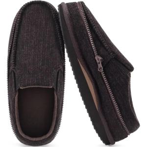 imageKuaiLu Mens Memory Foam Moccasin Slippers Arch Support Cozy Fuzzy Fur Lined Warm Bedroom House Shoes Winter Comfy Closed Back Loafer Outdoor Hard Sole Orthopedic Plantar Fasciitis Dark Brown Size 9