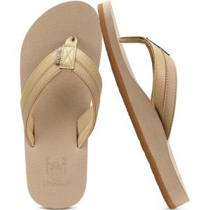 imageKuaiLu Mens Leather Flip Flops Arch Support Summer Beach Pool Water Thong Sandals Waterproof Rubber Walking ShoesApricot