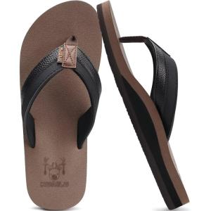 imageKuaiLu Mens Leather Flip Flops Arch Support Summer Beach Pool Water Thong Sandals Waterproof Rubber Walking ShoesBlack Brown