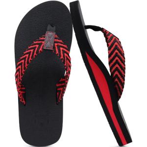 imageKuaiLu Mens Leather Flip Flops Arch Support Summer Beach Pool Water Thong Sandals Waterproof Rubber Walking ShoesBlackRed