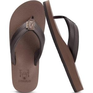 imageKuaiLu Mens Leather Flip Flops Arch Support Summer Beach Pool Water Thong Sandals Waterproof Rubber Walking ShoesBrown Reddish