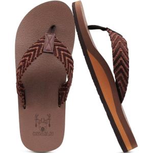 imageKuaiLu Mens Leather Flip Flops Arch Support Summer Beach Pool Water Thong Sandals Waterproof Rubber Walking ShoesBrownish