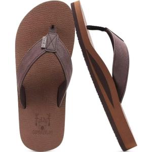 imageKuaiLu Mens Leather Flip Flops Arch Support Summer Beach Pool Water Thong Sandals Waterproof Rubber Walking ShoesCoffee