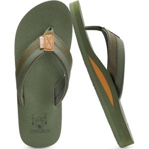 imageKuaiLu Mens Leather Flip Flops Arch Support Summer Beach Pool Water Thong Sandals Waterproof Rubber Walking ShoesGreen