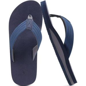 imageKuaiLu Mens Leather Flip Flops Arch Support Summer Beach Pool Water Thong Sandals Waterproof Rubber Walking ShoesInk Blue