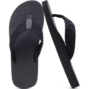 imageKuaiLu Mens Leather Flip Flops Arch Support Summer Beach Pool Water Thong Sandals Waterproof Rubber Walking ShoesLight Black