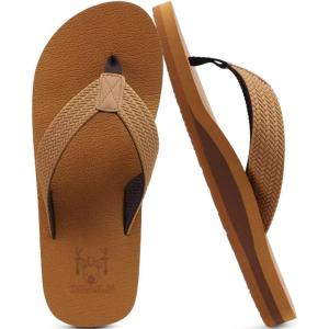imageKuaiLu Mens Leather Flip Flops Arch Support Summer Beach Pool Water Thong Sandals Waterproof Rubber Walking ShoesLight Khaki