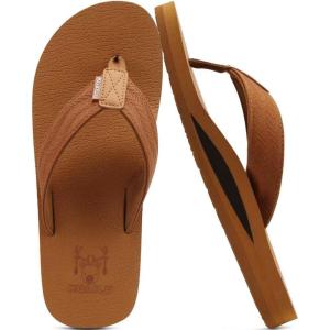 imageKuaiLu Mens Leather Flip Flops Arch Support Summer Beach Pool Water Thong Sandals Waterproof Rubber Walking ShoesTan