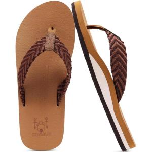 imageKuaiLu Mens Leather Flip Flops Arch Support Summer Beach Pool Water Thong Sandals Waterproof Rubber Walking ShoesTan Brown