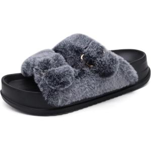 imageKuaiLu Womens Fluff Slippers Black Size 6 Plantar Fasciitis Arch Support Platform Slippers Ladies Fashion Open Toe Faux Fur Sliders House Slipper