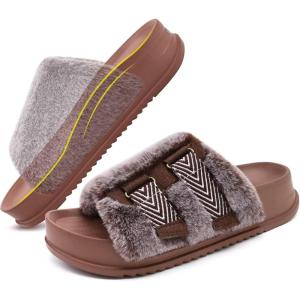 imageKuaiLu Womens Fluff Slippers Plantar Fasciitis Arch Support Platform Slippers Ladies Fashion Open Toe Faux Fur Sliders Womens House Slipper Size 612Coffee Brown Adjustable