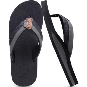 imageKuaiLu Mens Yoga Mat Leather Flip Flops with Arch Support Comfortable Cushion Walking Thong Sandals Slip On Indoor OutdoorBlack Grey