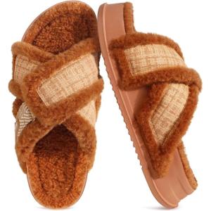imageKuaiLu Womens Chic Furry Platform Slippers Fuzzy Teddy Fleece Cross Band Open Toe Sandals with Comfortable Arch Support Slip on House Shoes Indoor OutdoorKhaki