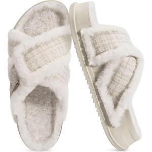 imageKuaiLu Womens Chic Furry Platform Slippers Fuzzy Teddy Fleece Cross Band Open Toe Sandals with Comfortable Arch Support Slip on House Shoes Indoor OutdoorSnow White