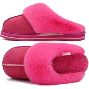 imageKuaiLu Womens Fluff Dual Memory Foam Slippers Ladies Cozy Arch Support Warm Scuff Slippers Slip on Comfy Winter House Shoes with NonSlip Indoor Outdoor Hard SoleRose Red