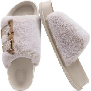 imageKuaiLu Womens Orthotic Slippers Comfortable Arch Support Faux Fur Slipper Sandals Casual Summer Adjustable Cushion Slides Slip On Indoor Outdoor House Shoes  Ultrasoft Comfort Fit FootbedWhite Tip Dyeing
