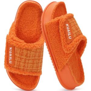 imageKuaiLu Cushion Slippers For Women with Orthotic Arch Support Wide Adjustable Open Toe Flatform Furry Fur Sandals Warm Teddy Fleece Recovery Slides Slip On House Shoes Indoor Outdoor Orange US8