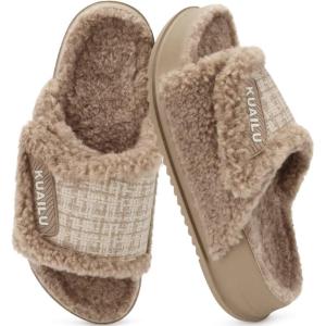 imageKuaiLu Cushion Slippers For Women with Orthotic Arch Support Wide Adjustable Open Toe Furry Fur Sandals Warm Teddy Fleece Recovery Slides Slip On House Shoes Indoor Outdoor OutfitsCamel Brown