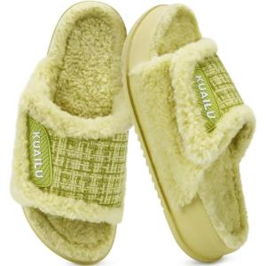 imageKuaiLu Cushion Slippers For Women with Orthotic Arch Support Wide Adjustable Open Toe Furry Fur Sandals Warm Teddy Fleece Recovery Slides Slip On House Shoes Indoor Outdoor OutfitsYellowgreen