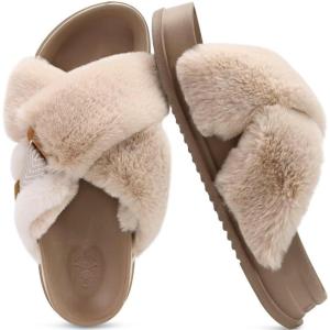 imageKuaiLu Womens Fuzzy Cross Band Platform Slippers Furry Faux Fur Comfortable Arch Support Open Toe Slides for Indoor OutdoorBeige