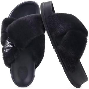 imageKuaiLu Womens Fuzzy Cross Band Platform Slippers Furry Faux Fur Comfortable Arch Support Open Toe Slides for Indoor OutdoorBlack