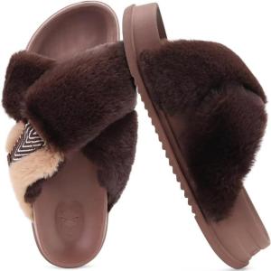 imageKuaiLu Womens Fuzzy Cross Band Platform Slippers Furry Faux Fur Comfortable Arch Support Open Toe Slides for Indoor OutdoorBrown