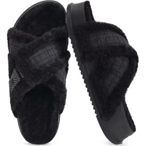 imageKuaiLu Womens Fuzzy Cross Band Platform Slippers Furry Faux Fur Comfortable Arch Support Open Toe Slides for Indoor OutdoorElegant Black