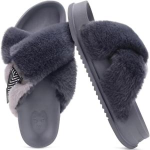 imageKuaiLu Womens Fuzzy Cross Band Platform Slippers Furry Faux Fur Comfortable Arch Support Open Toe Slides for Indoor OutdoorGrey