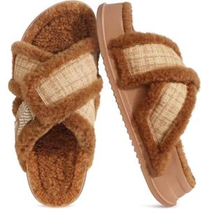 imageKuaiLu Womens Fuzzy Cross Band Platform Slippers Furry Faux Fur Comfortable Arch Support Open Toe Slides for Indoor OutdoorKhaki