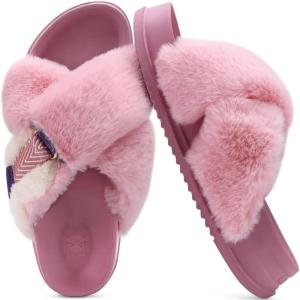 imageKuaiLu Womens Fuzzy Cross Band Platform Slippers Furry Faux Fur Comfortable Arch Support Open Toe Slides for Indoor OutdoorPink