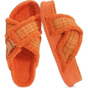 imageKuaiLu Womens Fuzzy Cross Band Platform Slippers Furry Faux Fur Comfortable Arch Support Open Toe Slides for Indoor OutdoorVibrant Orange